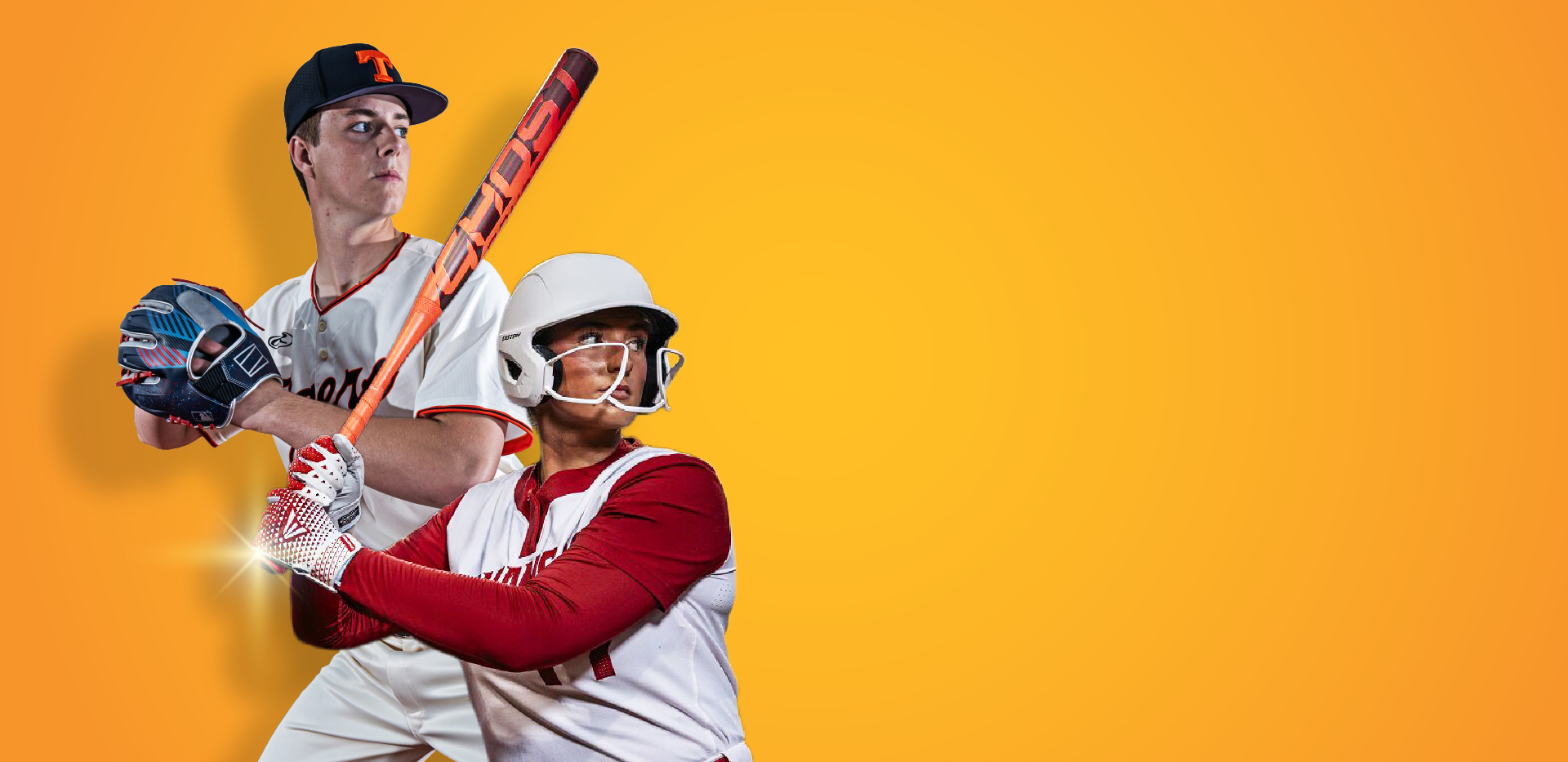 Rawlings & Easton players holding baseball and softball equipment
