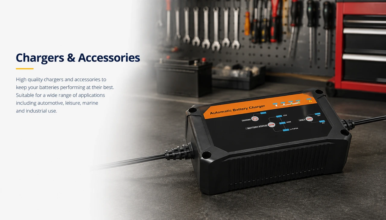 Battery chargers and accessories in a professional workshop