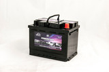 Leoch P2H-027 Car Battery. The Battery is Black all over with a purple branded label on the front. On top the positive terminal is coloured red and the handle is upright.