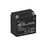 Leoch EB14C-4 motorcycle battery, angled slightly and with a black case,. we can see the positive terminal on the left.