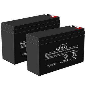 Two Leoch LHR1226w batteries , the case is black with white branding on the front. We can see the terminals on the right side of the battery with the positive terminal identified in Red. Two Leoch LHR1226w batteries , the case is black with white branding on the front. We can see the terminals on the right side of the battery with the positive terminal identified in Red.