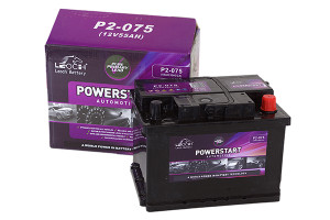Leoch P2-075 Car Battery. The colour is black with a purple label on the front face. The positive terminal is identified by a red cap. Behind the battery is the empty box, this is purple all over. Leoch P2-075 Car Battery. The colour is black with a purple label on the front face. The positive terminal is identified by a red cap. Behind the battery is the empty box, this is purple all over.