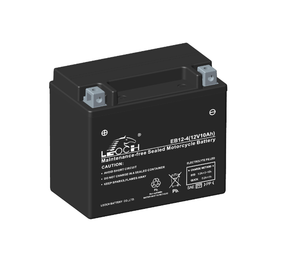 Leoch EB12-4-1 motorcycle battery, angled slightly and with a black case,. we can see the positive terminal on the left. Leoch EB12-4-1 motorcycle battery, angled slightly and with a black case,. we can see the positive terminal on the left.