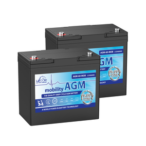 A pair of Leoch AGM-60-MOB batteries, for use with Mobility scooters. The battery is black with a blue label on the front face. To the left we can see a light blue branded box. On the top we can see the terminals with the carry handles sitting upright. A pair of Leoch AGM-60-MOB batteries, for use with Mobility scooters. The battery is black with a blue label on the front face. To the left we can see a light blue branded box. On the top we can see the terminals with the carry handles sitting upright.