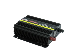 Image of a Leoch PSI-1000 inverter. The inverter is black in colour with a yellow strip down the middle of the top label. On the right side we can see both the positive and negative outlets.
