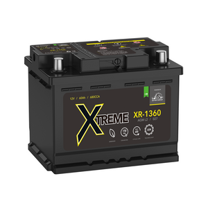 A Leoch XR-1360 AGM Car Battery. This is Black all over with a label on the front face. On top the positive terminal can be seen on the right side identified by its red cap. A Leoch XR-1360 AGM Car Battery. This is Black all over with a label on the front face. On top the positive terminal can be seen on the right side identified by its red cap.
