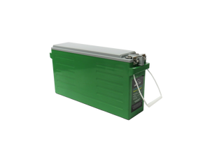A Leoch PLH+150FT battery situated at an angle to show the length. It is green in colour and has a light grey top. The terminals are located at the front of the battery above the labels. A Leoch PLH+150FT battery situated at an angle to show the length. It is green in colour and has a light grey top. The terminals are located at the front of the battery above the labels.