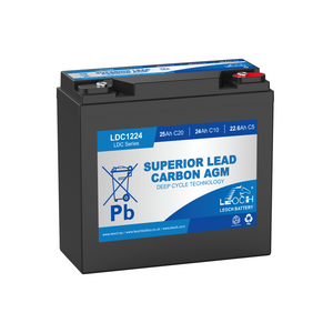a front view of a leoch LDC1224 12v battery, the colour is black all over with white text on the front.