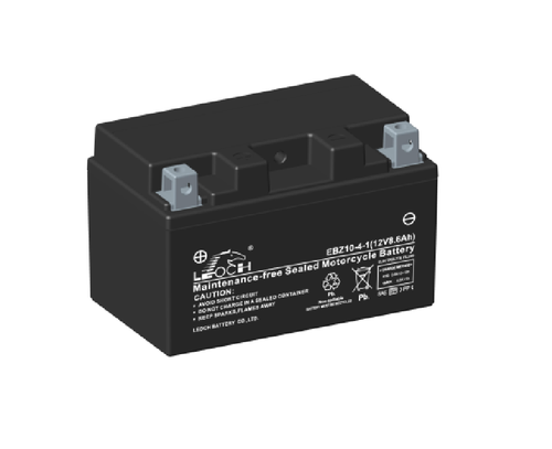 A Leoch EBZ10-4-1 Motorcycle Battery sat at a slight angle. The battery is black on all sides with white text occupying the front face. terminals can be seen on top. Positive on the left.
