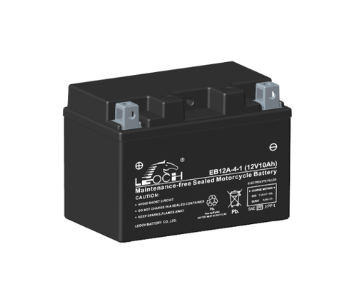 Front  picture of a Leoch EB12A-4-1 Motorcycle Battery. The colour is black all over with white text on the front face. On top there is two dark grey terminals. The positive terminal is on the left.