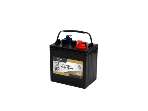 Slightly angled shot of a Leoch DT-126 Flooded Battery. Over the top there is a handle whilst the terminals are covered with red and blue indicative caps. The front face has a Branded label. The Battery is black.