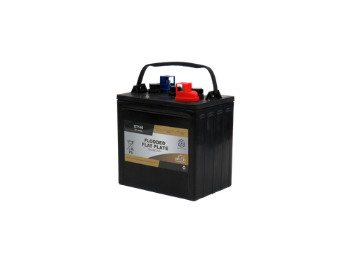 Slightly angled shot of a Leoch DT-146 Flooded Battery. Over the top there is a handle whilst the terminals are covered with red and blue indicative caps. The front face has a Branded label. The Battery is black.