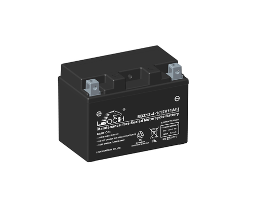 Leoch EBZ12-4-1 Motorbike Battery. On the front face there is white text detailing voltage and amps.