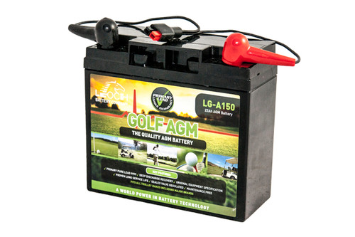 A Leoch LG-A150 Golf Battery. The colour is black on the sides and top whilst a branded green label covers the front face. Positive terminal can be see with a Red rubber cap.
