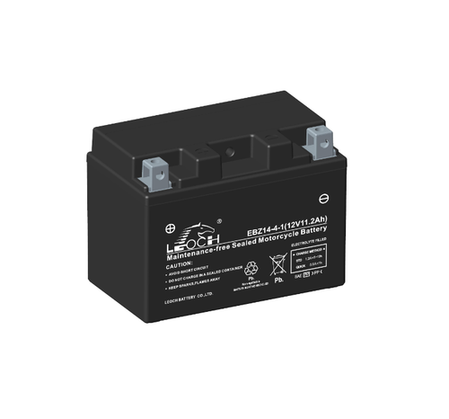 Leoch EBZ14-4-1 Motorcycle Battery. The Battery is Black all over with white text on the front face. The Positive terminal is located on the left side.