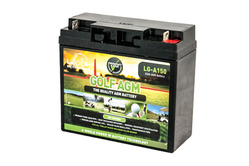 Leoch LG-A150 golf Battery. The label is bright green on the front face. The battery is Black on all sides and the terminals identified by the colours, red being positive.