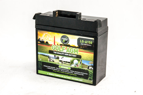 Leoch LG-A150TBAR golf Battery. The label is bright green on the front face. The battery is Black on all sides and the terminals are covered with a T-BAR adaptor on top.