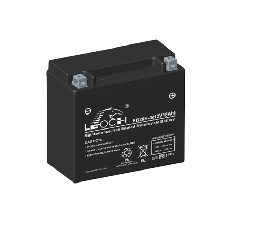 Leoch EB20-3 motorcycle battery, angled slightly and with a black case,. we can see the positive terminal on the right.