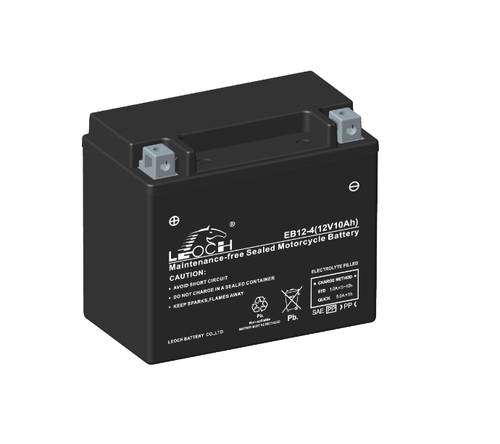 Leoch EB12-4-1 motorcycle battery, angled slightly and with a black case,. we can see the positive terminal on the left.