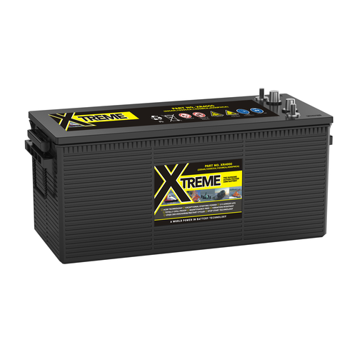 A Leoch XR-4000 Battery. The terminals are both located on the right hand side. Positive top and negative bottom.