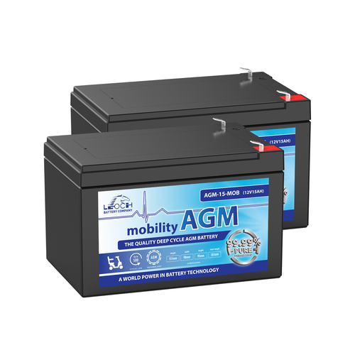 A pair of Leoch AGM-15-MOB batteries, for use with Mobility scooters. The batteries are black with a blue label on the front face. Both terminals are located on the right edge, colour coded red for positive.