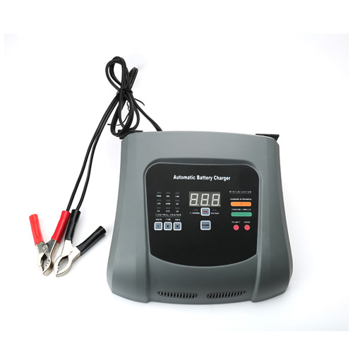 A Marxon Battery charger, used to charge a range of 6v or 12v batteries. The terminal connectors or croc clips are coloured red and black.