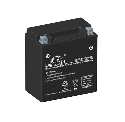 An image of a Leoch EB16-4 motorcycle battery. The positive terminal is located on the left and the negative on the right side. On the front we can see details of the Part code, Voltage and Amperage.