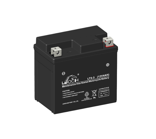 A black Leoch EB5-3 motorcycle battery from a front view. The positive terminal is shown by a red indicator on the right side of the battery.