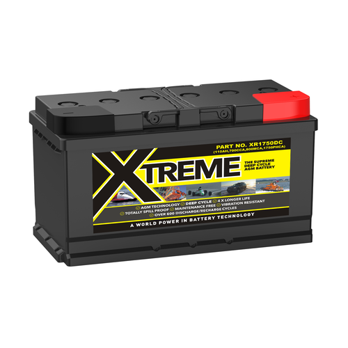 a black battery with a yellow label on the front highlighting the XR-1750 part code. the red terminal is on the right.