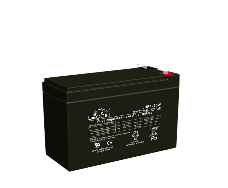 Image of a LeochLHR1236W High rate AGM Battery. the long front face has white text covering this. On top there are two terminals, with the Positive terminal being red. The battery is black on all sides.