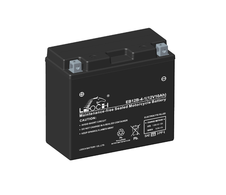 Leoch LT12B-4 Motorcycle Battery. The battery is black all over with white text on the front face. The terminals are located on top. Positive terminal on the left.