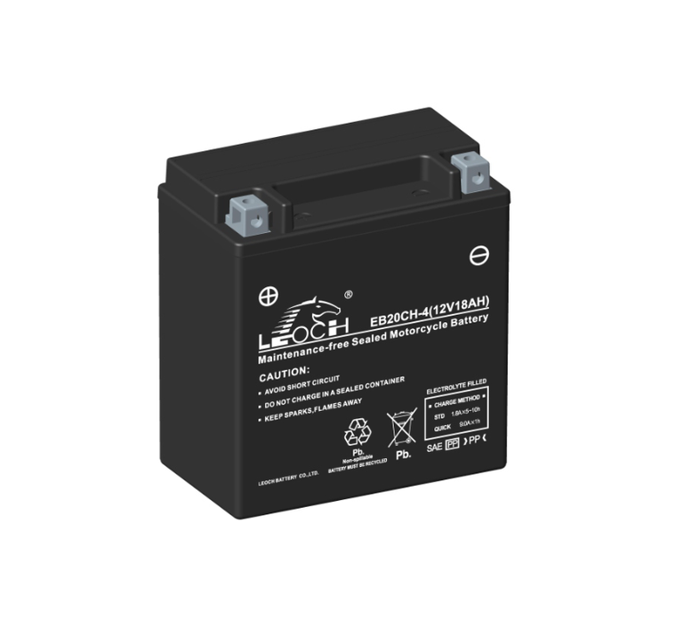 Leoch EB20CH-4 motorcycle battery, angled slightly and with a black case, we can see the positive terminal on the left.