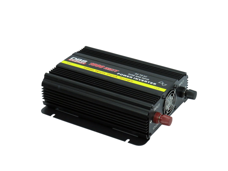 Image of a Leoch PSI-1000 inverter. The inverter is black in colour with a yellow strip down the middle of the top label. On the right side we can see both the positive and negative outlets.