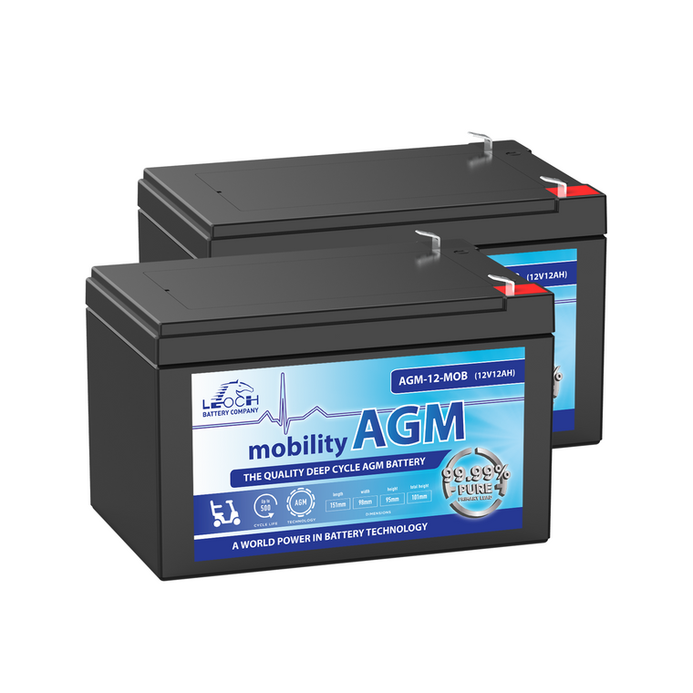 A pair of Leoch AGM-12-MOB batteries, for use with Mobility scooters. The batteries are black with a blue label on the front face. Both terminals are located on the right edge, colour coded red for positive.