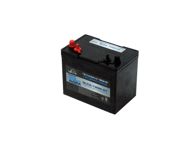 a Leoch LDC12-90-G24-DT Battery. The image is a frontal shot showing the label. On top the dual terminals are identified by colours, Red being positive located on the left and Black being negative on the right.
