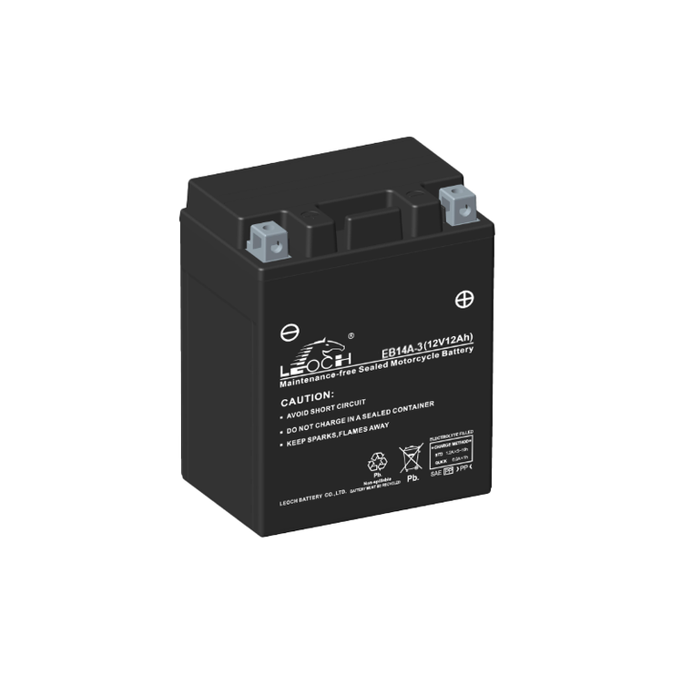 Leoch EB14A-3 Motorcycle Battery. The battery is black all over with white text on the front face. The terminals are located on top. Positive terminal on the left.