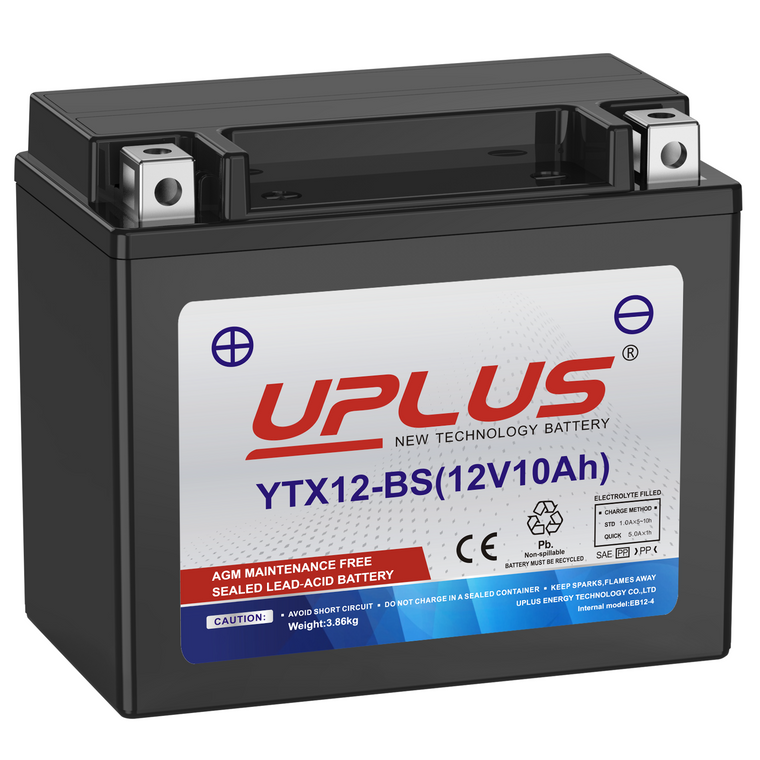 UPLUS YTX12-BS Motorcycle Battery, a 12V 10Ah high-performance AGM battery