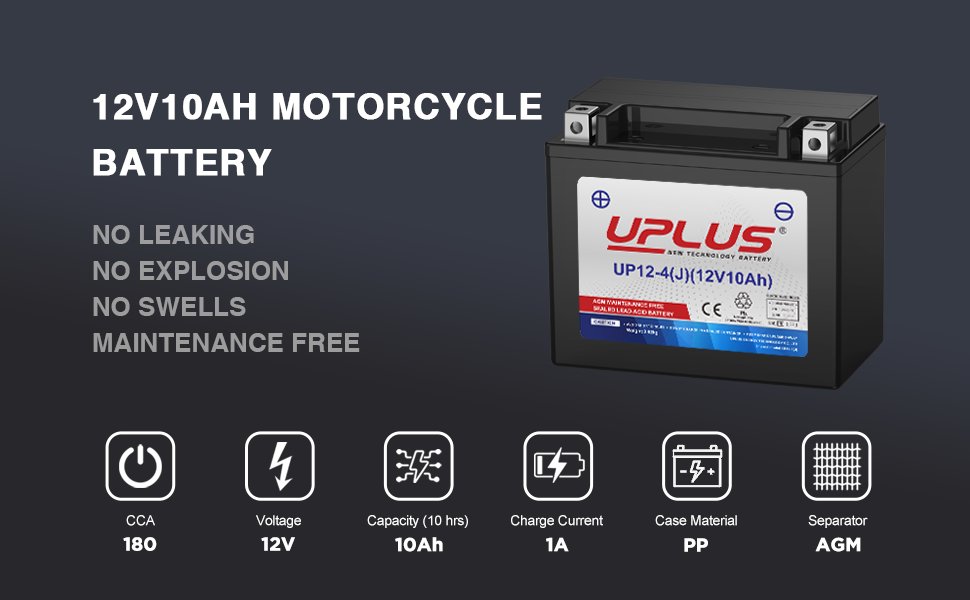 UPLUS YTX12-BS Motorcycle Battery, a 12V 10Ah high-performance AGM battery 