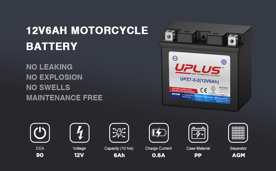 UPLUS YTZ7S 12V 6Ah Maintenance-Free AGM Battery for Motorcycles, ATVs, and Scooters