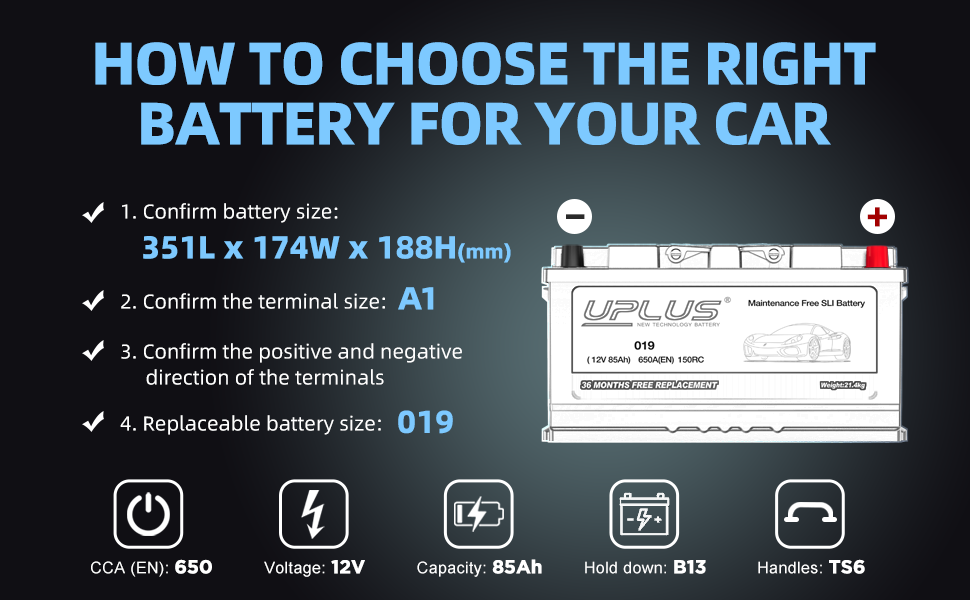 UPLUS 12V 85Ah Car Battery, 019 Maintenance-Free, 650A 150RC, Reliable Power for Standard Cars