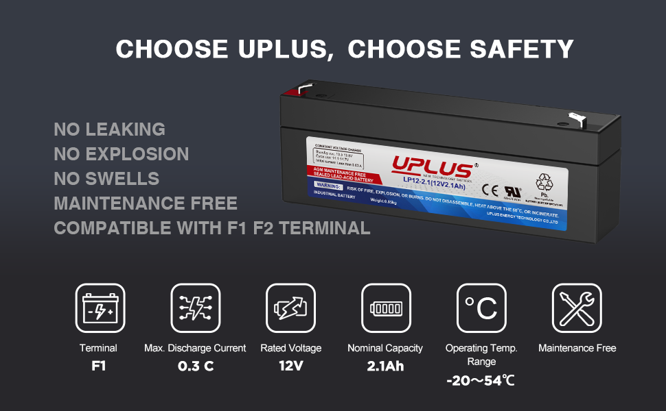 UPLUS 12V 2.1Ah Rechargeable Sealed Lead Acid Battery | Home Alarm & Security Systems Compatible