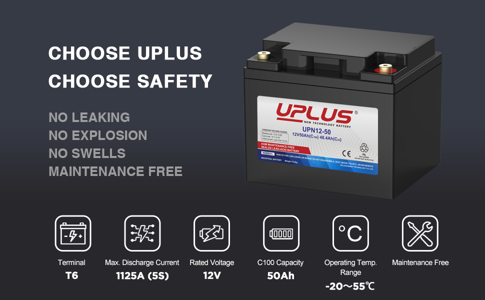 UPLUS 12V 50Ah Rechargeable Sealed Lead Acid Battery |  Replacement for Deep Cycles, UPS System, Electric Scooter, Trolling Motor, Golf Cart