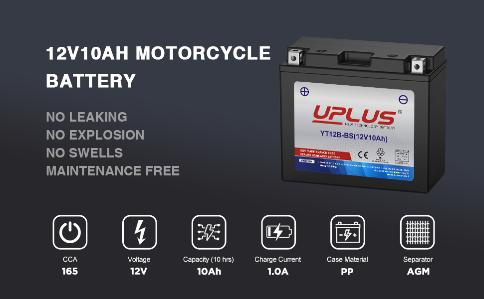 UPLUS YT12B-BS AGM Motorcycle/Powersport Battery, 12V, 10Ah - Maintenance Free & High Performance