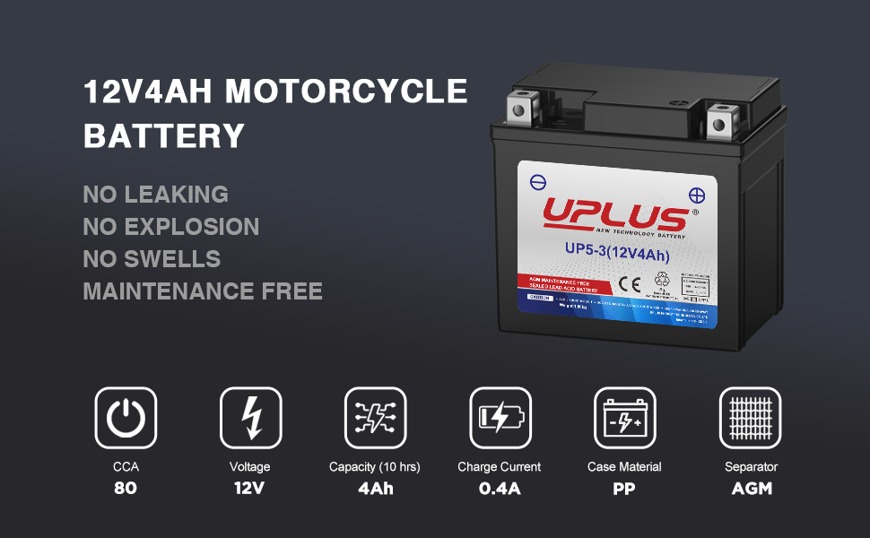 UPLUS YTX5L-BS 12V 4Ah AGM Motorcycle Battery - Maintenance-Free Replacement for GTX5L-BS, ETX5L-BS, CTX5L-BS