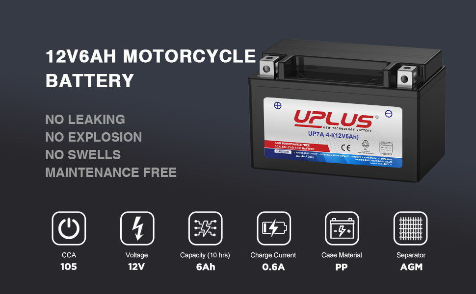 UPLUS YTX7A-BS Agm Battery,Maintenance Free 12V 6Ah SLA Batteries Scooter ATV Motorcycle Battery, Replacement for YTX7A-4, ETX7A-BS, LTX7A-BS,NTX7A-BS,FTX7A-BS, ENTX7A-BS, GTX7A-BS, MTX7A-BS
