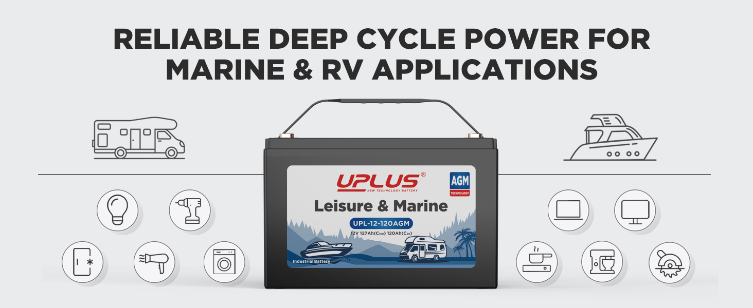 UPLUS UPL-12-120AGM Leisure Battery 12V 120AH Deep Cycle for Marine/Caravan, Trolling Motor, Solar, Camping, RV, Motorhome