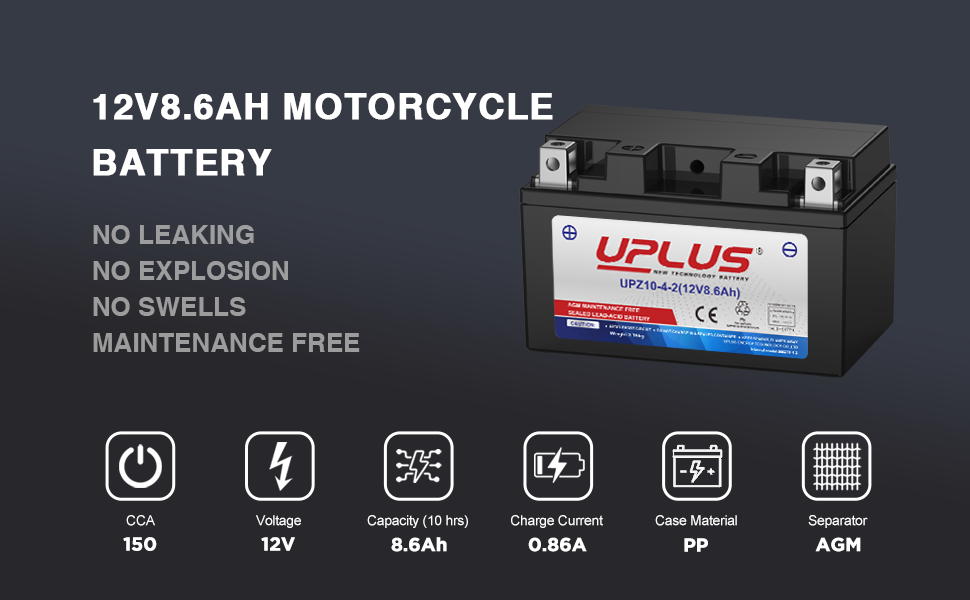 UPLUS YTZ10S-BS 12V 8.6Ah Powersports Battery for Motorcycles, ATVs, UTVs, Snowmobiles  Maintenance-Free Sealed AGM Battery