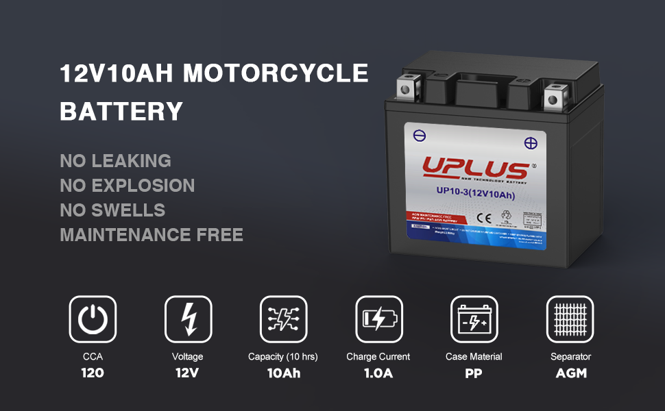 UPLUS YB10L-A2 12V 10Ah Powersports Battery for Motorcycles, ATVs, UTVs, Snowmobiles | Maintenance-Free Sealed AGM Battery