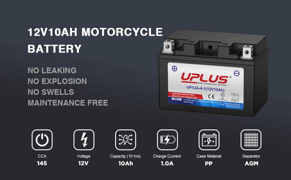 UPLUS YT12A-BS 12V 10Ah Maintenance Free SLA AGM Motorcycle Battery - Compatible with CB4L-B, YB4LB, ATVs, Personal Watercraft, Snowmobiles