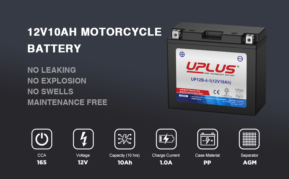 UPLUS YT12B-BS AGM Motorcycle/Powersport Battery, 12V, 10Ah - Maintenance Free & High Performance